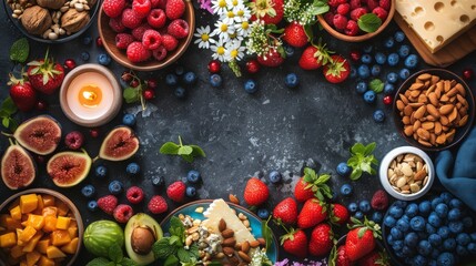 Wall Mural -   A fruit, nut, and cheese arrangement on a black surface with a lit candle