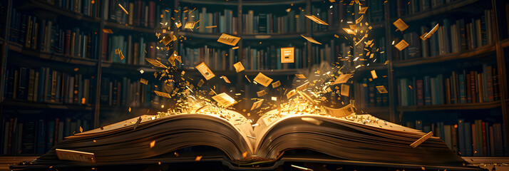Wall Mural - A large open book with golden letters flying out of it