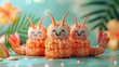 Adorable Kawaii Shrimp Rice Sculptures with Cheerful Facial Expressions Arranged on a Colorful Tropical Inspired Background
