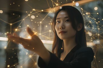 Wall Mural - hand of asian businesswoman facing the camera and open hand towards a network of interconnected financial markets, global investment. generative AI