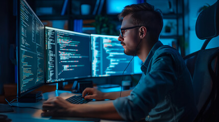 A young software developer is working at a desk with multiple computer monitors displaying code wearing glasses, blue-toned room, Coding at night