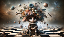 A Surreal, Whimsical Image Featuring A Character Seated On A Checkerboard Floor. The Character Has Oversized, Expressive Eyes