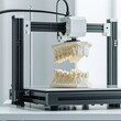 Photo of a 3D printer printing a jaw with teeth. Printing dental prosthetics and body parts on a printer. Replacement of human organs, recovery after surgery, treatment, prosthetics, dentistry, teeth.