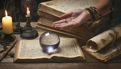 palmistry astrology session featuring a crystal ball and ancient manuscripts, captured , Astrology background