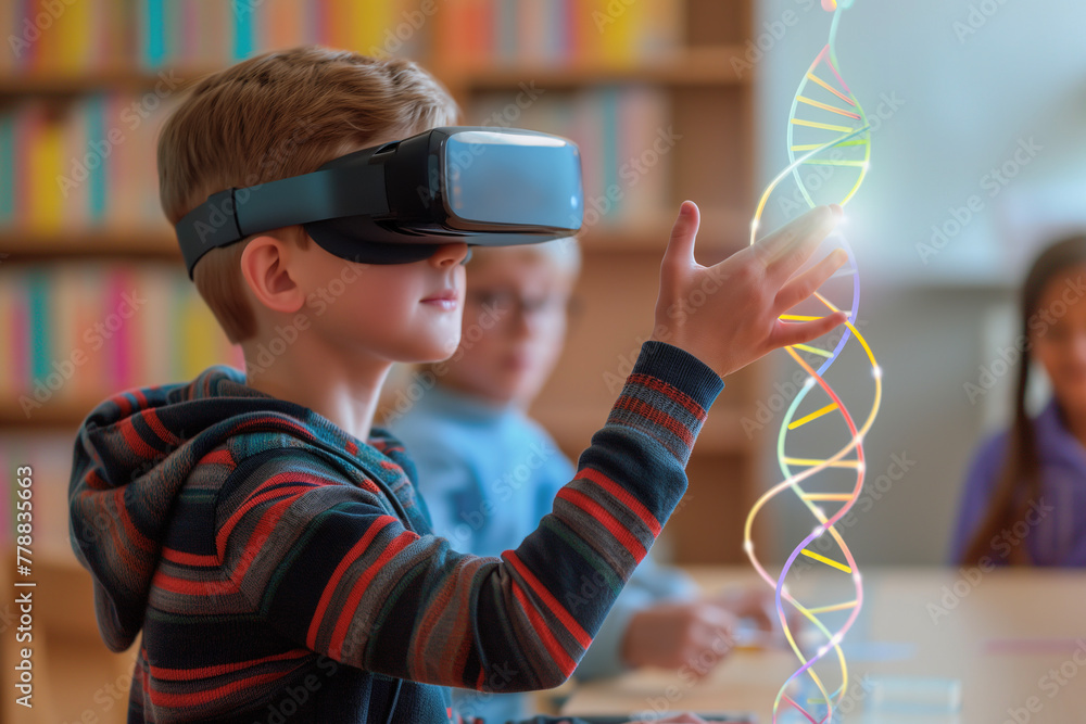 A young boy at school with a VR headset, using spatial technology to ...