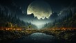 Mystical Moonlit Night Landscape with Forest and Reflective River
