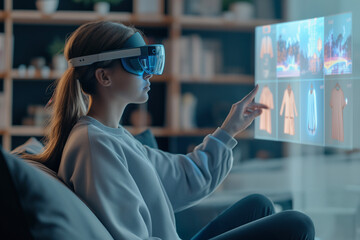 Side view of young woman interacts with a virtual display using augmented reality glasses, uses the holographic interfaces of shopping clothing applications at home. Spatial computer concept