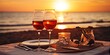 Romantic dinner by the sea, two glasses of wine at sunset. Generative AI.