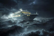 Large ship, liner in bad weather. Sea storm, thunderstorms and rain. Sea is stormy. Generative AI