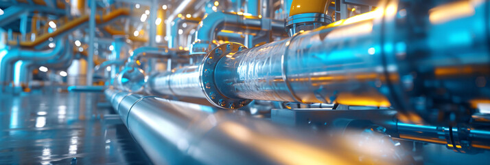 Wall Mural - Industrial pipelines in a modern factory. Engineering, manufacturing, and industrial architecture concept. Design for corporate report, industry brochure, technical background