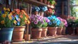 flowers in pots and tools, spring concept