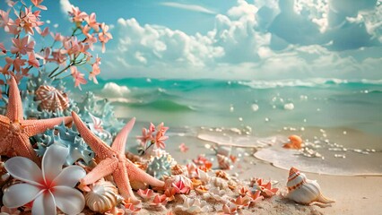 Wall Mural - Tropical beach with sea star on sand, summer holiday background. Travel and beach vacation, free space for text. Summer concept sunglasses,hat and shells sunlight shining 4k video