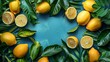 A group of lemons on a blue backdrop with leaves with an empty space for text or product, Generative AI.