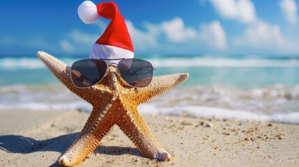 Wall Mural - A cute starfish wearing sunglasses and a Christmas hat on the beach