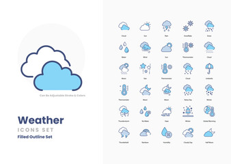 weather icons set such as, Sun, Cloud, Rain, Snow, Wind, Storm, Thunderstorm, Lightning, Hail, Fog, Mist, Drizzle,  vector illustration