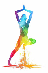 Yoga fitness practise with physical postures exercise for wellness health and meditation shown in a colourful abstract watercolour painting for use as a poster or flyer, stock illustration image