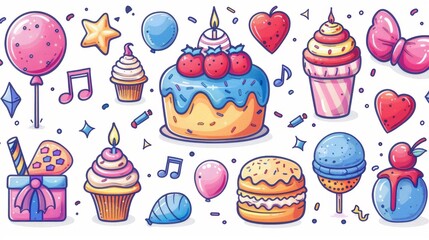 Canvas Print -  A birthday cake surrounded by balloons, confetti, and stars on a white background