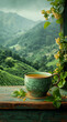 mug of tea, frontal view, beautiful tea fields, opera, double exposure photography, brown background --ar 5:9 --stylize 750
