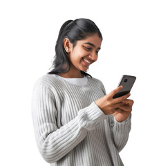 young pretty indian girl holding her phone excitedly, isolated background