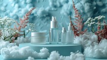 Skincare collection for sensitive skin on a gentle cloud-like podium