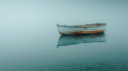 Poster -   A boat floats on a body of water with rocks in front