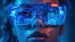 virtual reality simulator glasses, Blue CGI futuristic virtual reality simulator glasses, reality technology background concept