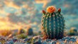   A cactus perched atop a mound of stones beside a cloudy sky