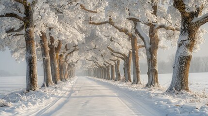 Sticker -   A snow-covered road between towering trees on either side