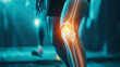 Knee pain digital composite. Highlighted knee of man feeling discomfort while running. X-ray of knee. Generative AI