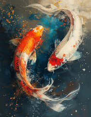 illustration watercolor, Japanese culture, fish in the pond, bright color --ar 7:9 --stylize 750