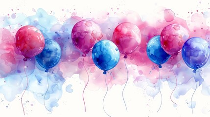 Sticker -   A group of red, white, and blue balloons floating against a pink-blue watercolor backdrop