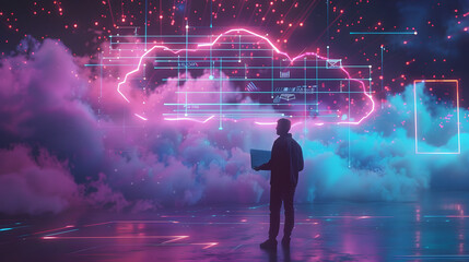 Wall Mural - A startup founder brainstorming on a flip chart in front of a cloud server with glowing nodes