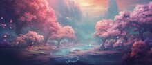 A Beautiful Painting Of A Forest With Pink Trees And A River
