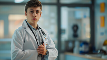 Poster - A young doctor with short hair and a lab coat stands against a clinic background