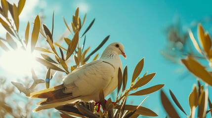 Wall Mural - White dove sits on olive tree. Sunny day, light blue sky backdrop. Peace concept. Generative AI