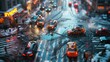 A busy intersection in a city, with cars and pedestrians frozen in time, creating a unique and interesting image,