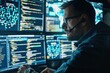 Cybersecurity expert analyzing threats, screens filled with code and digital maps of network vulnerabilities