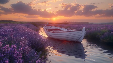 Poster -   Boat bobbing on water, lush green field with purple flowers under cloudy sky