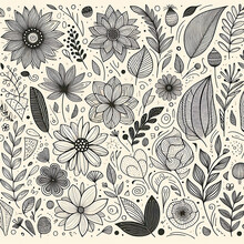 Abstract Flower Doodle Brush Seamless Pattern. Sketch Hand Drawn Spring Floral Plant, Nature Graphic Leaf, Scribble Grunge Brush Texture Black And White Ink Seamless Pattern.