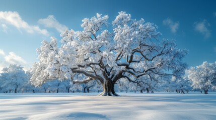 Sticker -   Large tree in snowy field against blue sky, with white clouds