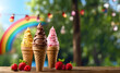 Various Ice cream cones with multiple flavors isolated in an outdoor background, summer vibes with rainbow colors