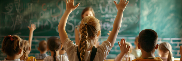 Wall Mural - In the classroom, students of different ages raised their hands to the pale blonde teacher in front of the blackboard
