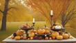 A serene setting featuring pumpkins, fruits, and nuts arranged around a lit candle, exuding a warm, autumnal vibe.