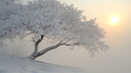 Sticker -   Snowy tree in snowy field with sun shining through fog in background