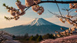Fuji mountain landsapce. Travel and sightseeing in Japan on holiday. Sakura flower in spring and summer.