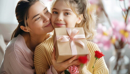 Wall Mural - Daughter with present for Mother's Day. Loving teenage girl gives gift box to mom on eve of eighth of March or mother day. Child kisses hugs woman after presenting. Family love