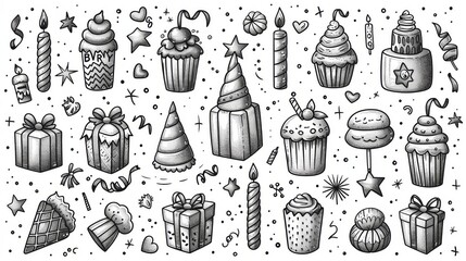 Sticker -   Black and white illustration of cupcakes, candles, presents, stars, and confetti on white background