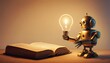 A robotic figure in a bronze finish holds a bright lightbulb, casting a warm glow on an open book against a soft background.