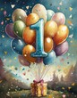 first birthday, balloons, gift, confeti - beautiful birthday card