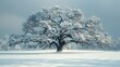   A majestic tree stands tall amidst a sea of white snow, its surroundings dotted with trees, as snow blankets the earth below